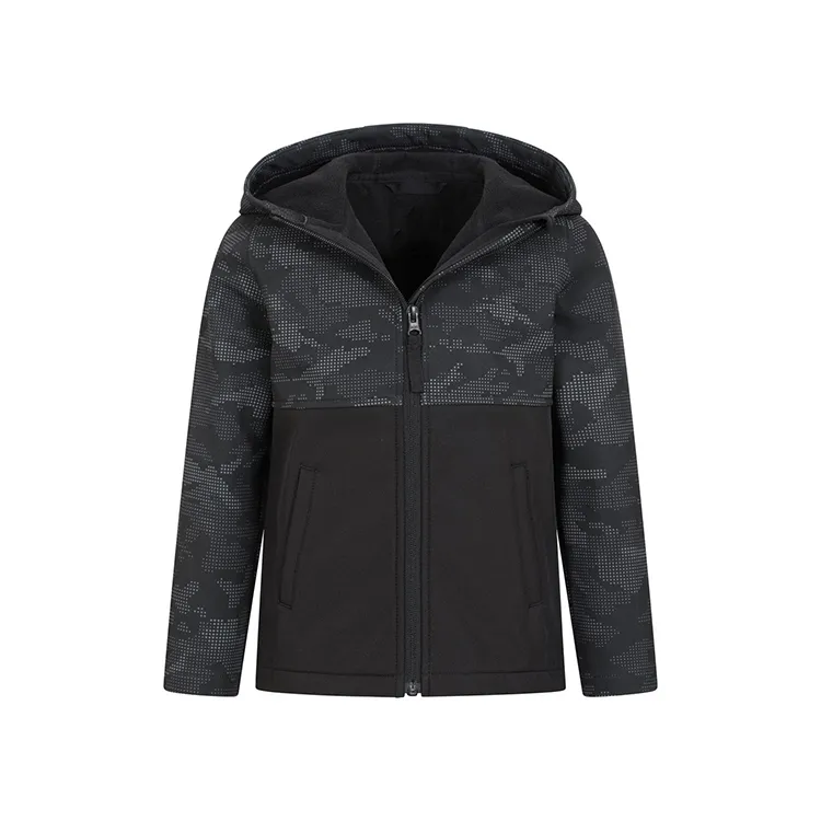 Boys’ Hooded Softshell Jacket — 2 Colourways — Black & Camo, front view