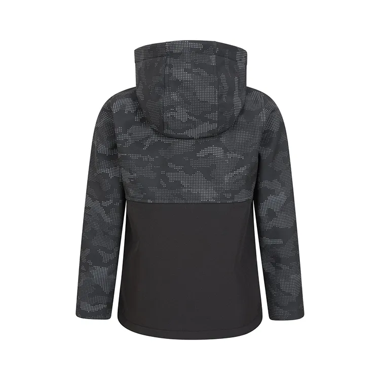 Boys’ Hooded Softshell Jacket — 2 Colourways — Black & Camo, back view, hood up
