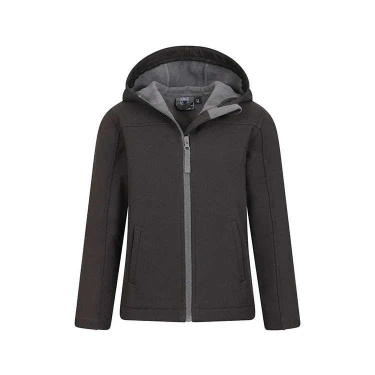 Boys’ Hooded Softshell Jacket — 7 Colourways — Black, front view, hood open