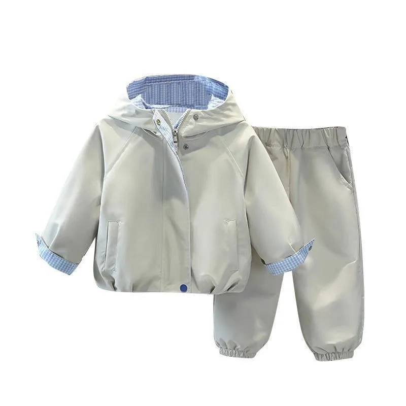 Boys' hooded windbreaker jacket and pants set — Stone Beige, full set front