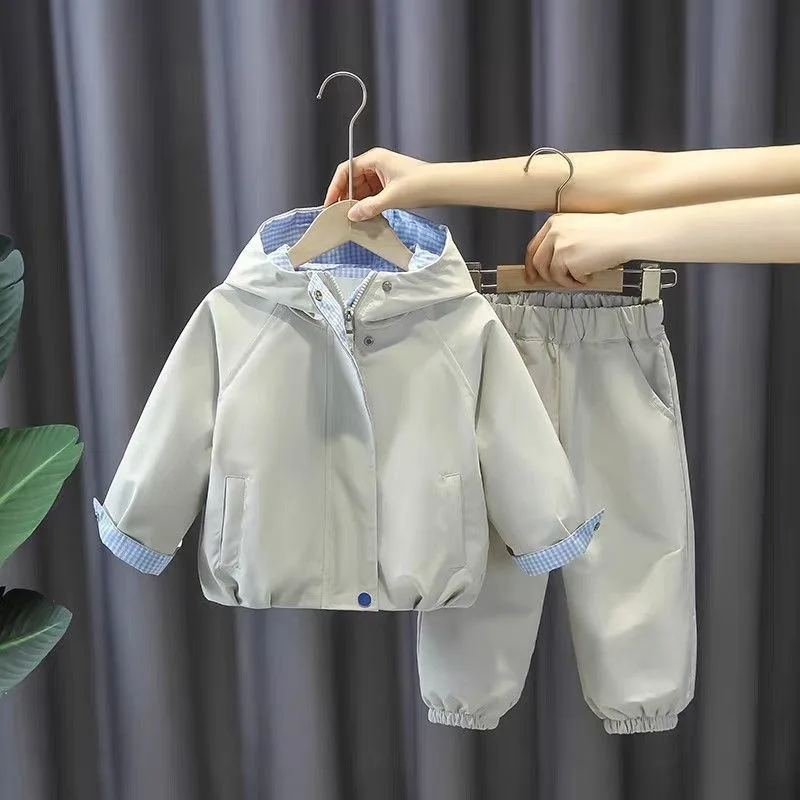 Boys' hooded windbreaker jacket and pants set — Stone Beige, on hanger