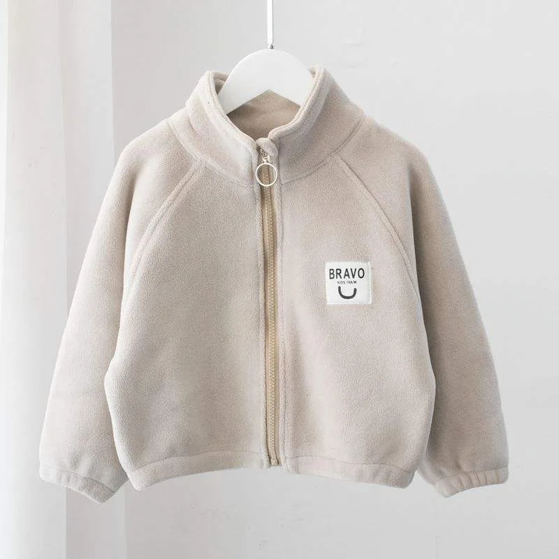 Boys' Fleece Zip Jacket with Letter Patch — 2 Colourways — Off-white, front view