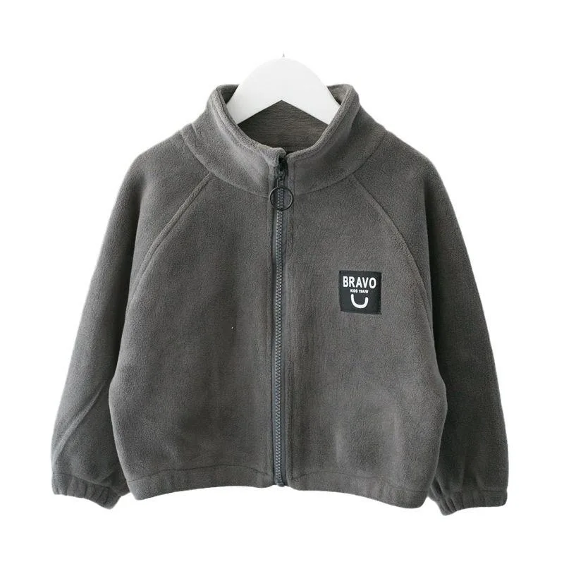 Boys' Fleece Zip Jacket with Letter Patch — 2 Colourways — Dark Grey, front view