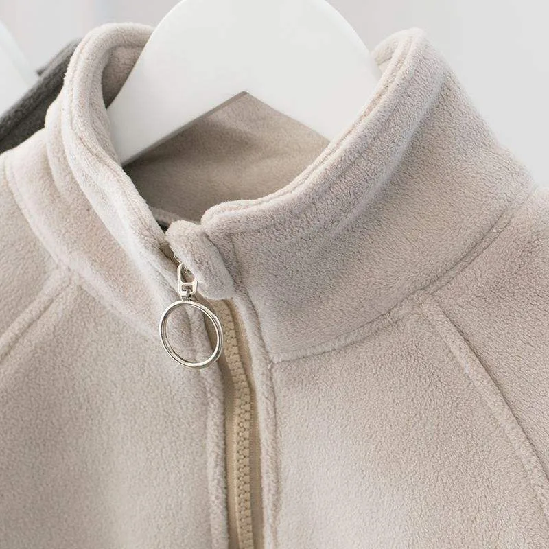 Boys' Fleece Zip Jacket with Letter Patch — 2 Colourways — Off-white, collar and zip detail