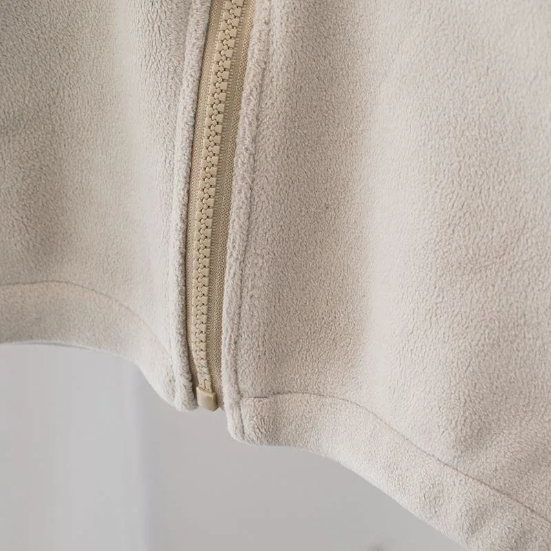 Boys' Fleece Zip Jacket with Letter Patch — 2 Colourways — Off-white, hem detail