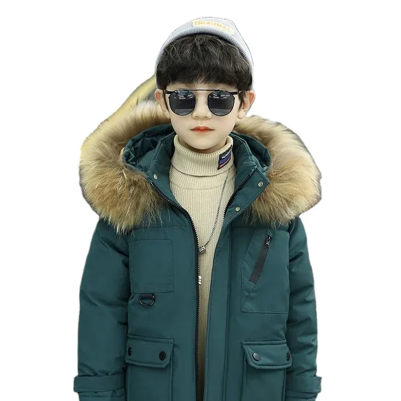 Boys' Mid-Length Parka — Faux-Fur Hood — Teal Green, worn, front