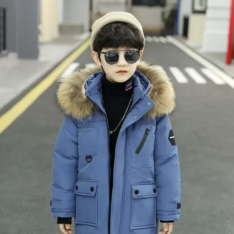 Boys' Mid-Length Parka — Faux-Fur Hood — Blue, worn, front