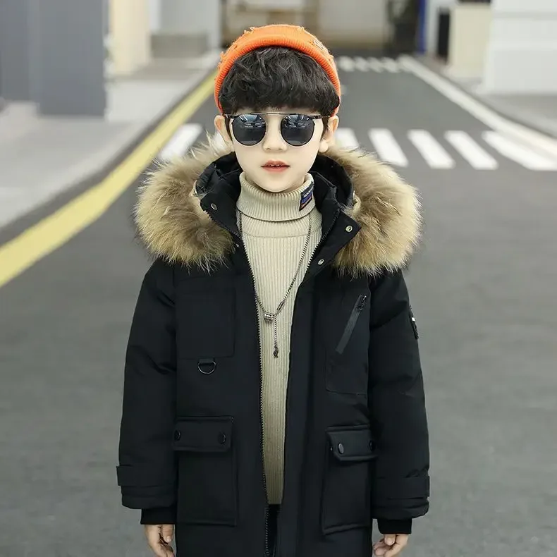 Boys' Mid-Length Parka — Faux-Fur Hood — Black, worn, front