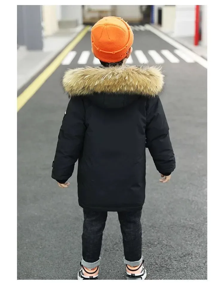 Boys' Mid-Length Parka — Faux-Fur Hood — Black, back view