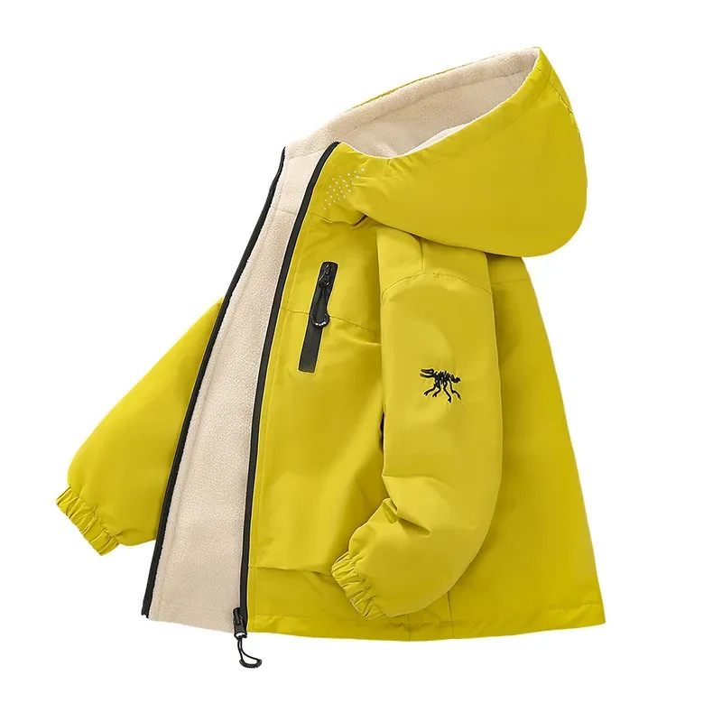 Boys' Reversible Fleece-Lined Jacket — Lemon Yellow, shell side, side view