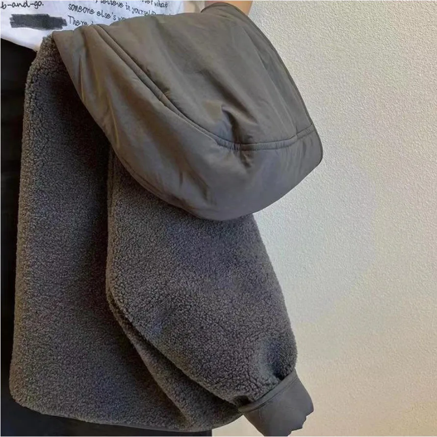Boys' Reversible Sherpa Jacket — Dark Gray — Dark Gray, back view with hood