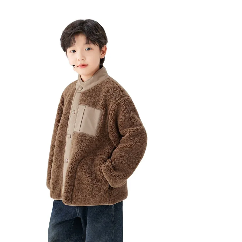 Boys' Sherpa Button Jacket — Brown — Brown, worn front view