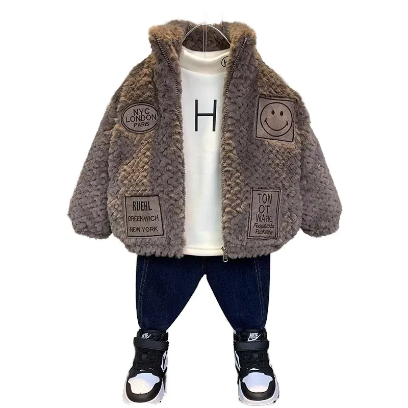 Boys' Teddy Fleece Patch Jacket — Taupe — Taupe, worn, front view