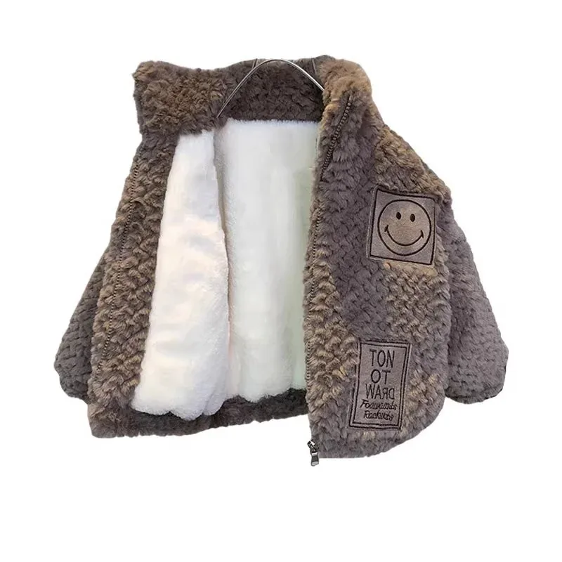 Boys' Teddy Fleece Patch Jacket — Taupe — Taupe, open front, showing the plush lining