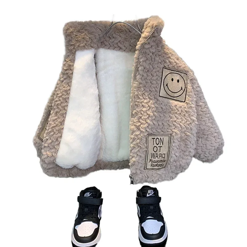 Boys' Teddy Fleece Patch Jacket — Taupe — Taupe, front view