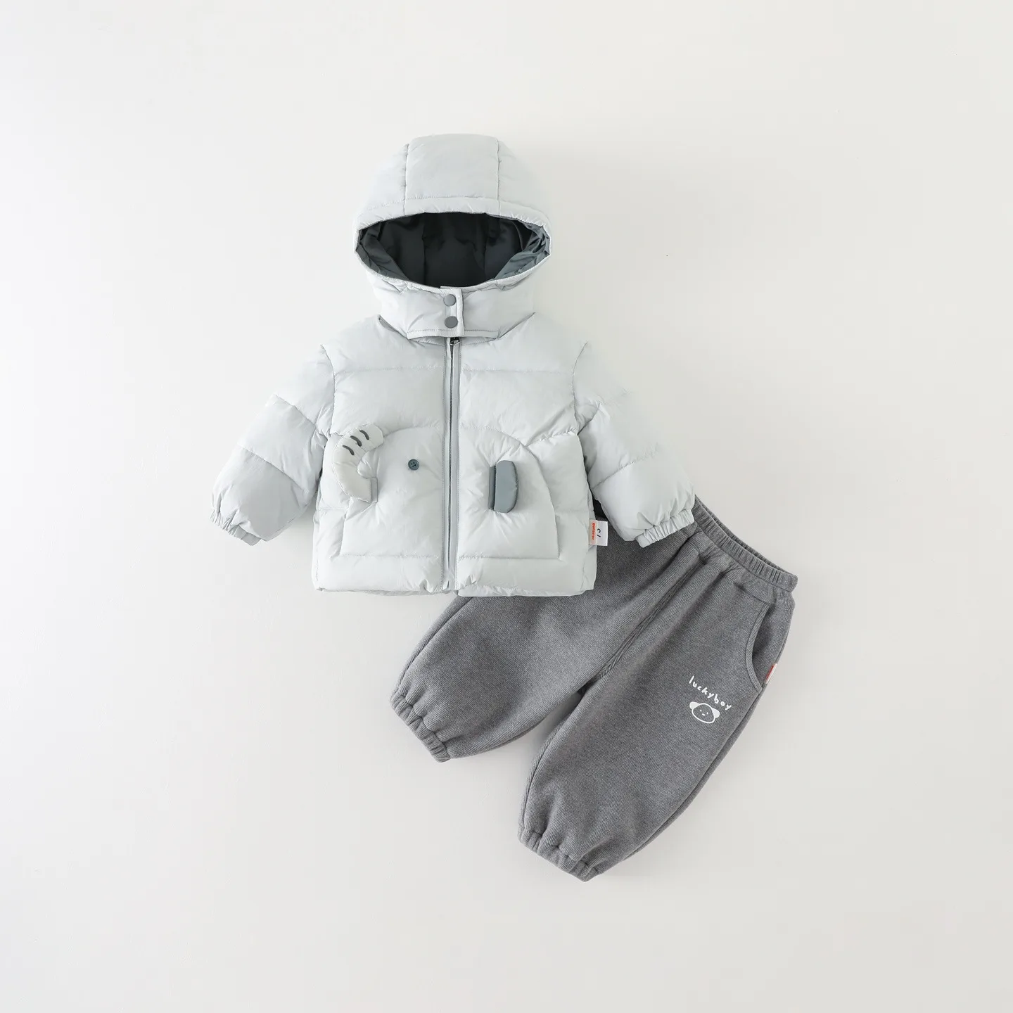 Boys' padded jacket and pants set — White & Grey, set flat lay