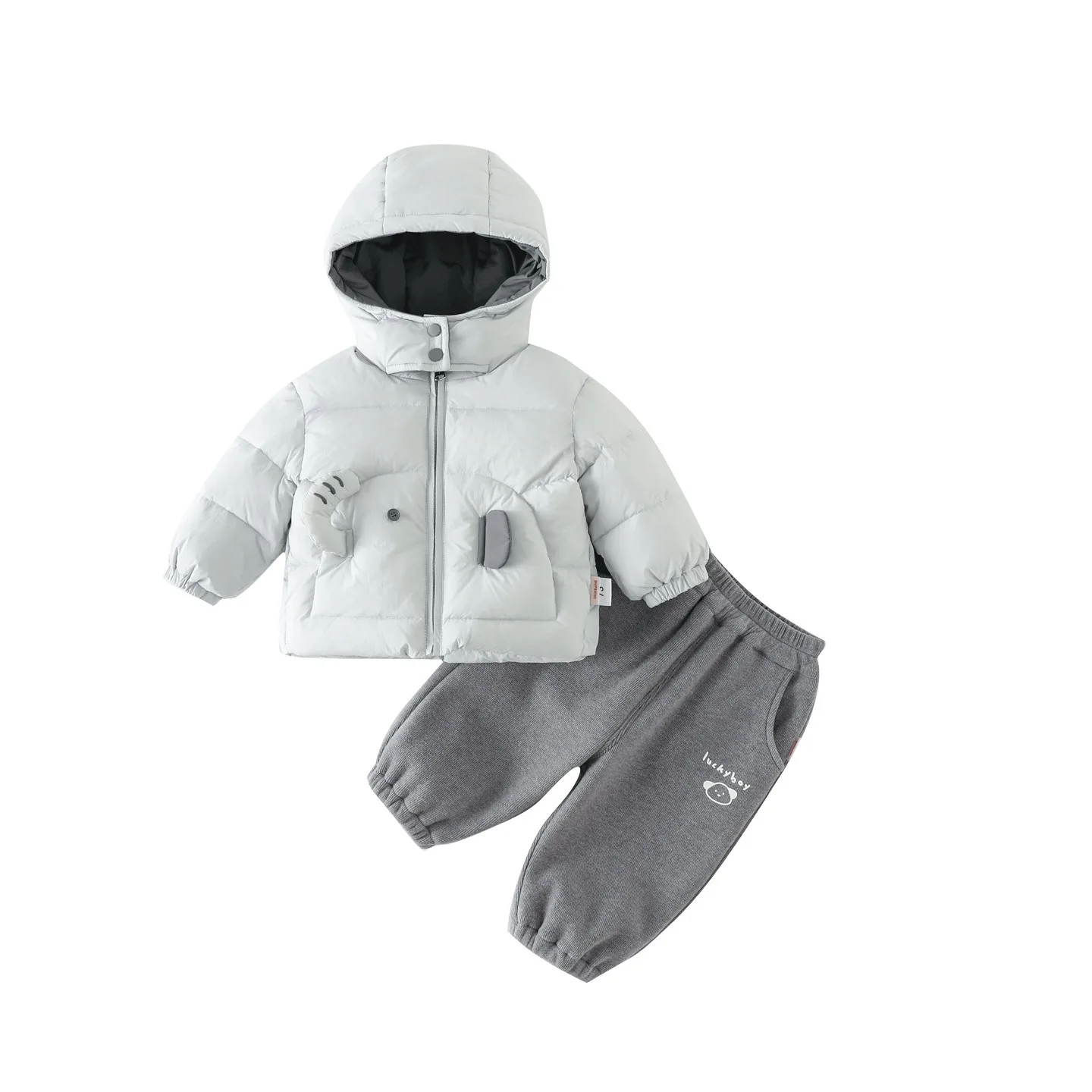 Boys' padded jacket and pants set — White & Grey, set angled