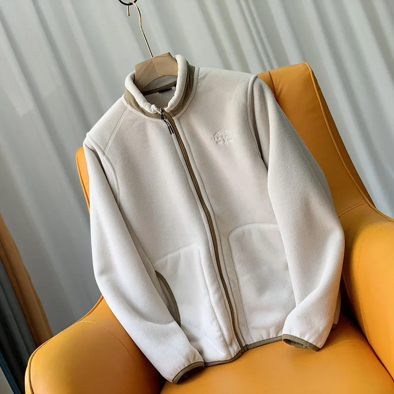 Boys' Two-Tone Fleece Zip Jacket — 5 Colourways — White, front view on chair