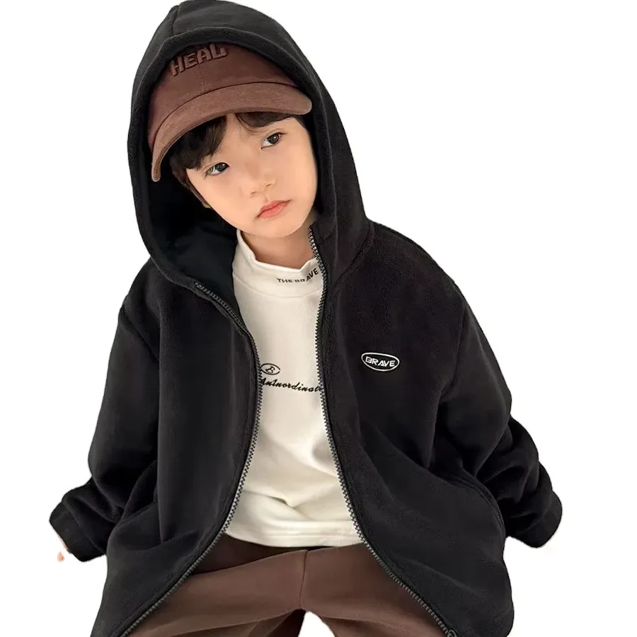 Boys' Zip Fleece Jacket — Black, worn with hood