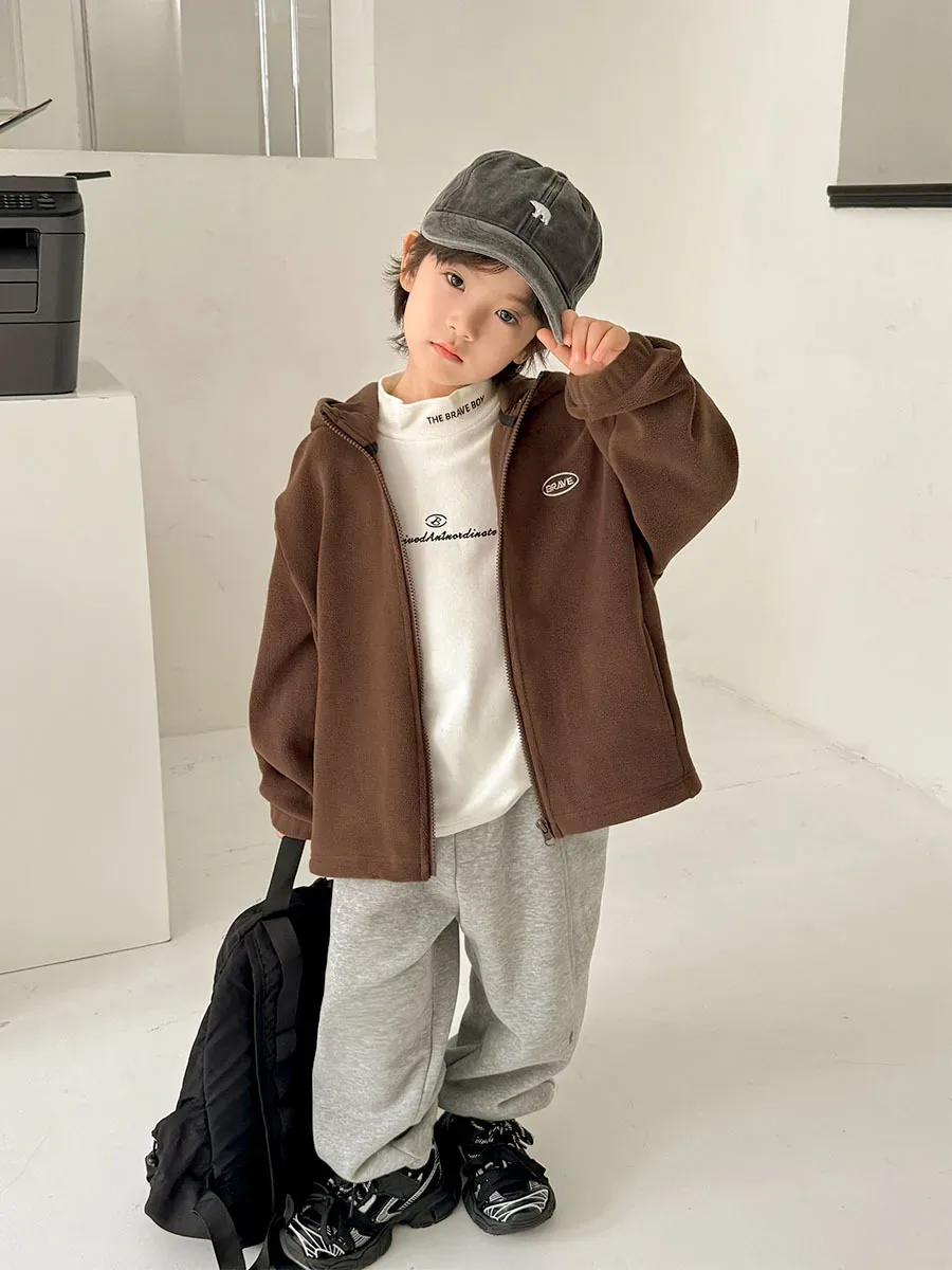 Boys' Zip Fleece Jacket — Brown, worn