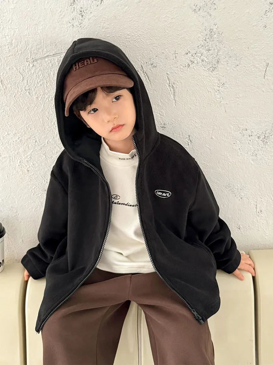 Boys' Zip Fleece Jacket — Black, worn, hood up