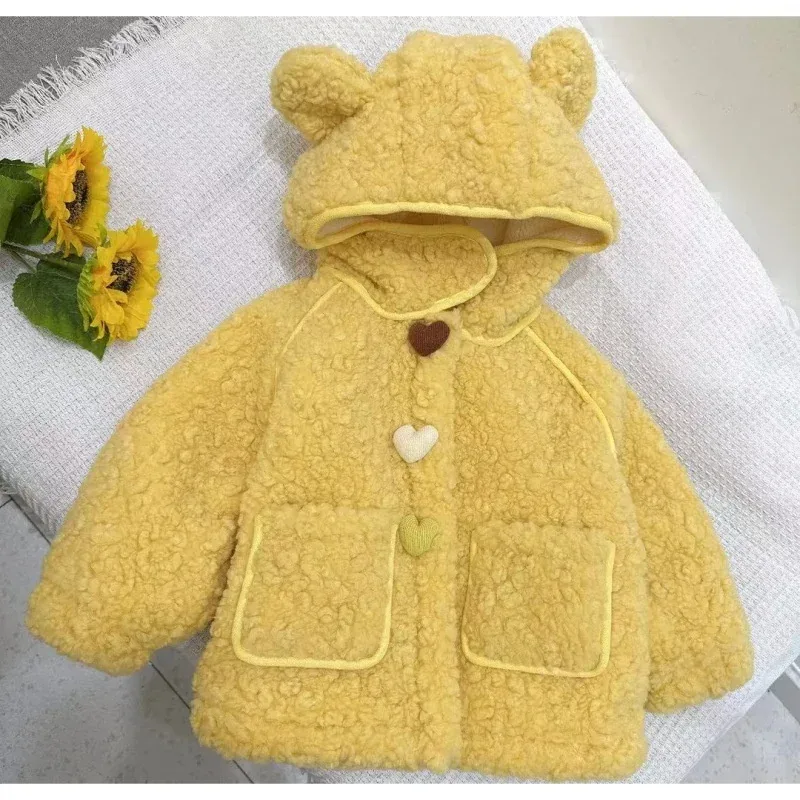 Girls' Bear-Ear Hooded Teddy Coat — 5 Colourways — Lemon Yellow, front view