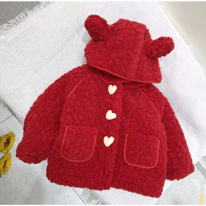Girls' Bear-Ear Hooded Teddy Coat — 5 Colourways — Red, front view