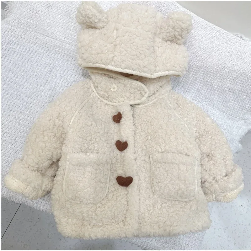 Girls' Bear-Ear Hooded Teddy Coat — 5 Colourways — Cream, front view