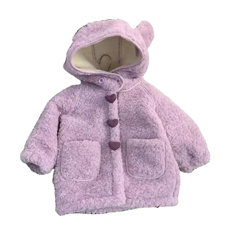 Girls' Bear-Ear Hooded Teddy Coat — 5 Colourways — Purple, front view
