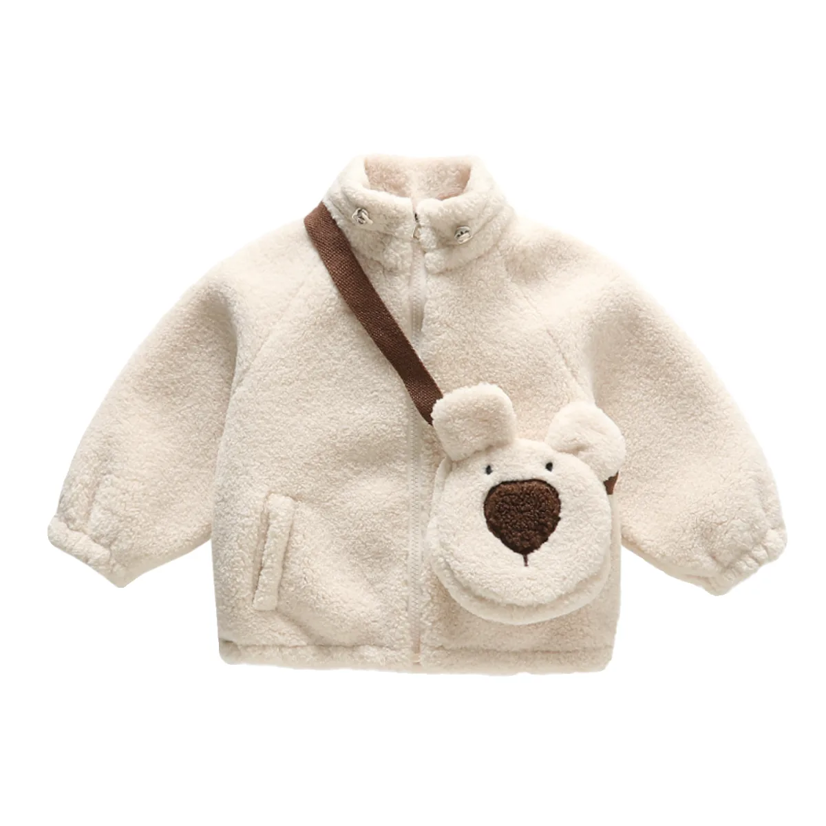 Girls' Bear-Pouch Sherpa Jacket — 2 Colourways — Beige, flat view with pouch