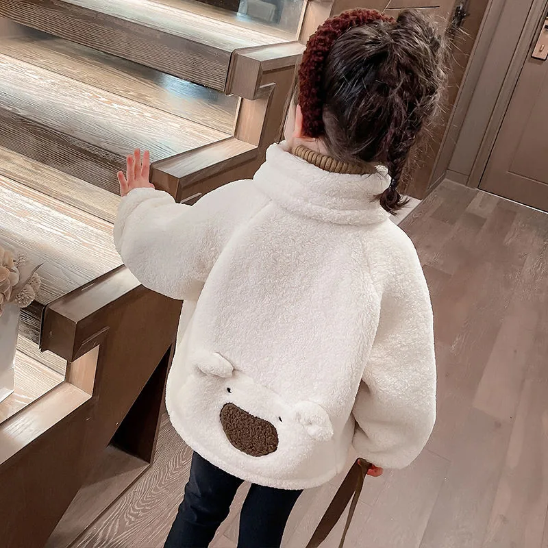Girls' Bear-Pouch Sherpa Jacket — 2 Colourways — Beige, worn back view