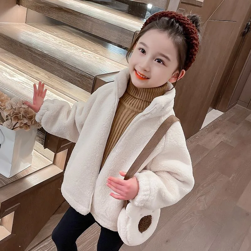 Girls' Bear-Pouch Sherpa Jacket — 2 Colourways — Beige, worn front view