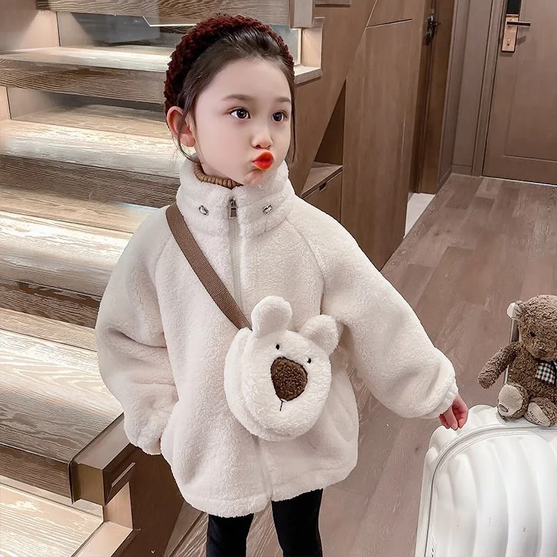 Girls' Bear-Pouch Sherpa Jacket — 2 Colourways — Beige, worn front view