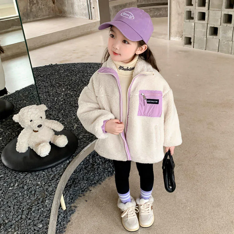 Girls' Bear-Pouch Sherpa Jacket — 2 Colourways — Purple, worn front view