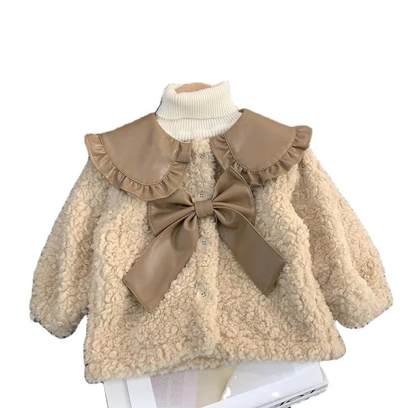 Girls' Boucle Bow-Collar Coat — Beige — Beige, front view
