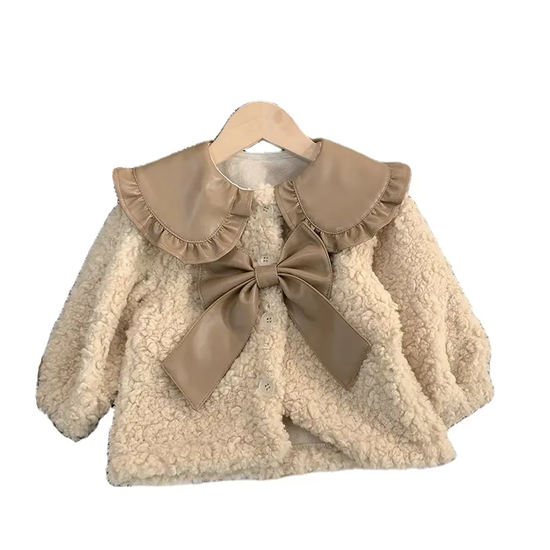 Girls' Boucle Bow-Collar Coat — Beige — Beige, flat lay