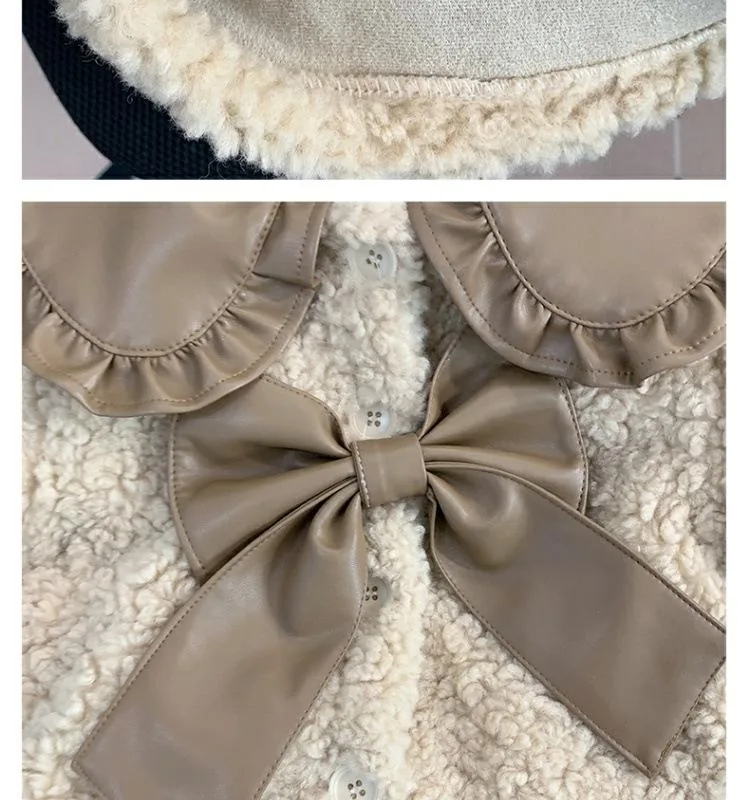 Girls' Boucle Bow-Collar Coat — Beige — Beige, collar and bow detail