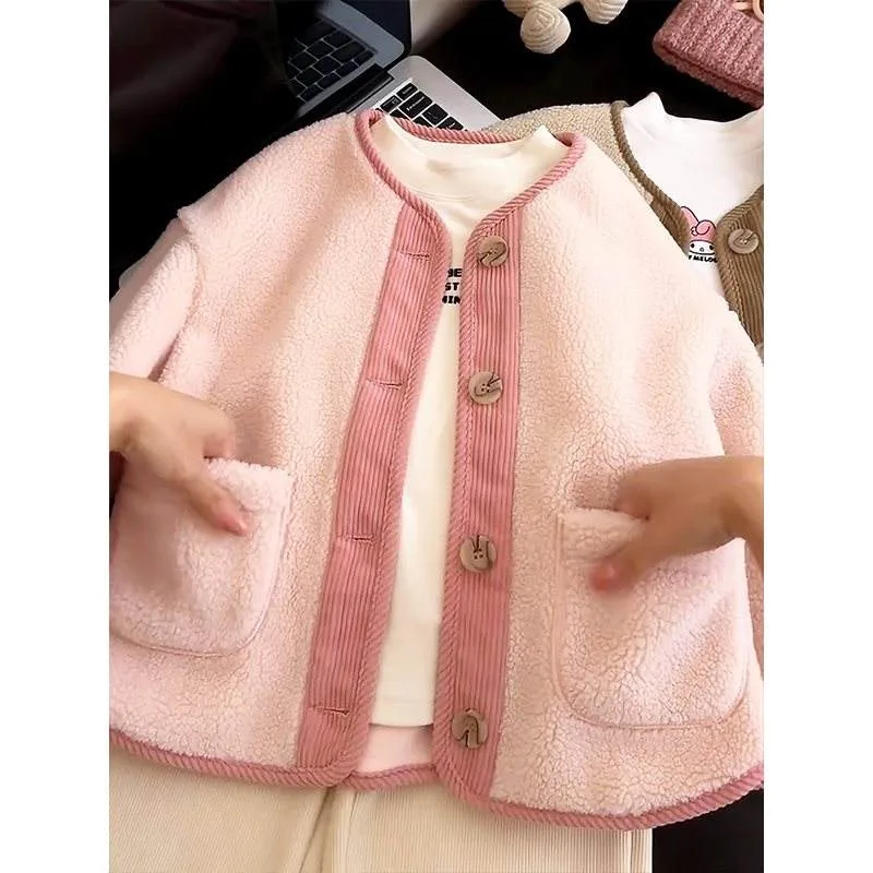 Girls' Boucle Button Jacket — 2 Colourways — Pink, front view