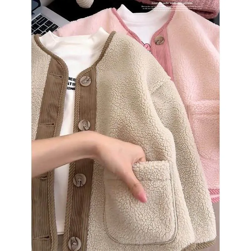 Girls' Boucle Button Jacket — 2 Colourways — Beige, front view