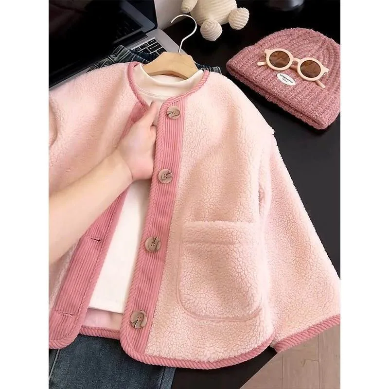 Girls' Boucle Button Jacket — 2 Colourways — Pink, hanger view