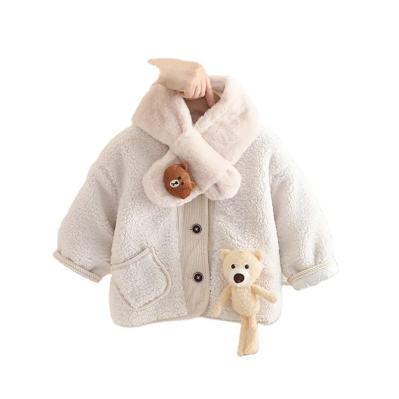 Girls' Boucle Jacket & Scarf Set — Cream — Cream, jacket with scarf, front view