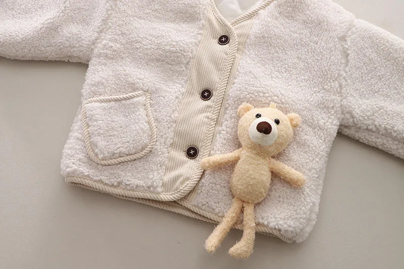 Girls' Boucle Jacket & Scarf Set — Cream — Cream, button and pocket detail