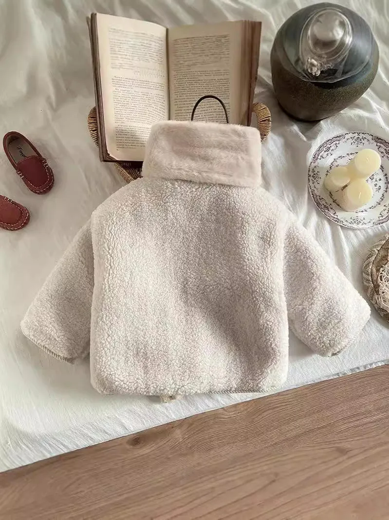 Girls' Boucle Jacket & Scarf Set — Cream — Cream, back view