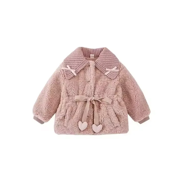 Girls' Boucle Tie-Waist Coat — 2 Colourways — Pink, front view
