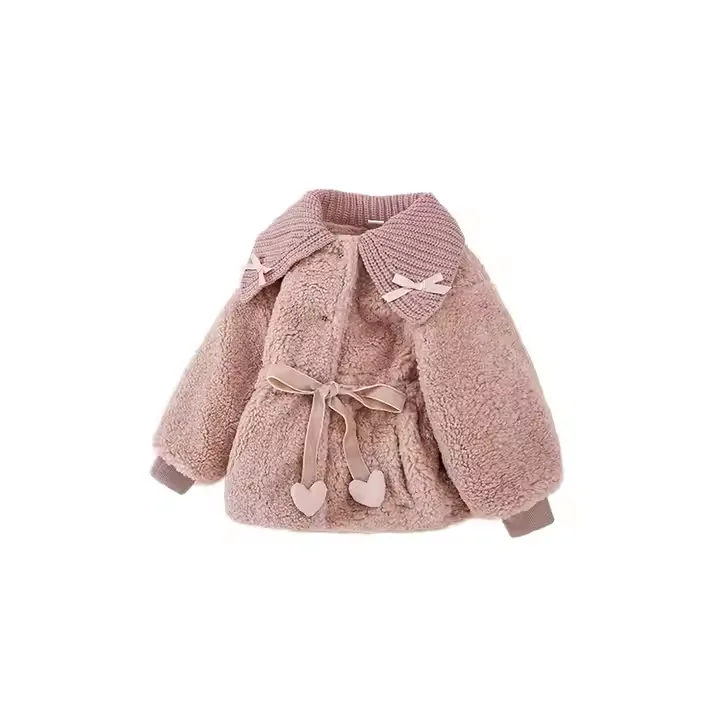 Girls' Boucle Tie-Waist Coat — 2 Colourways — Pink, three-quarter view
