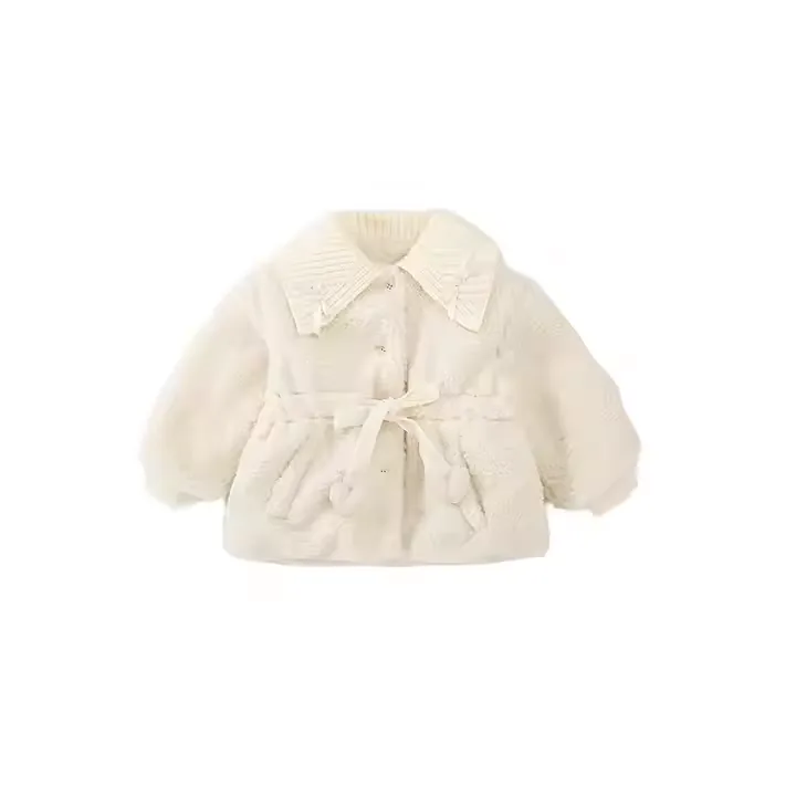 Girls' Boucle Tie-Waist Coat — 2 Colourways — Beige, front view