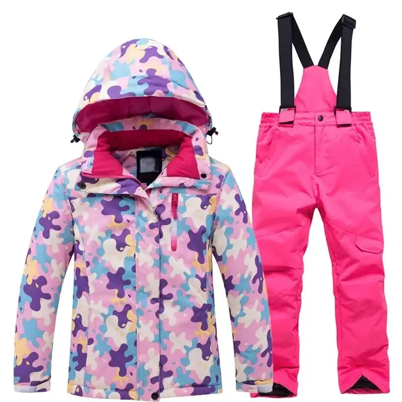 Girls' Camo-Print Ski Set — 2 Prints — Pastel Camo jacket / Pink bib, front view