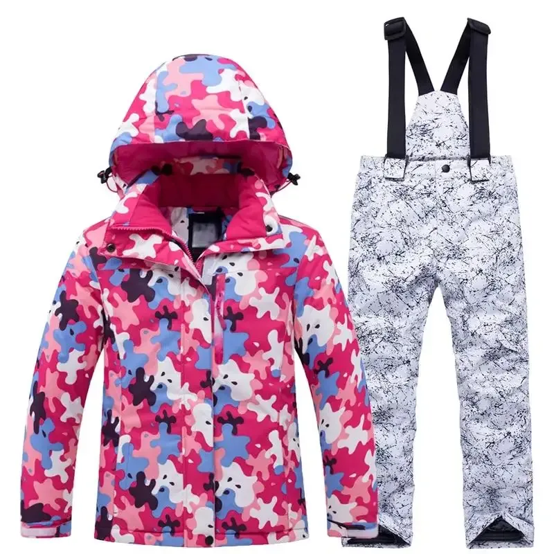 Girls' Camo-Print Ski Set — 2 Prints — Bright Pink Camo jacket / White-Grey bib, front view