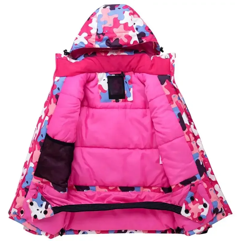 Girls' Camo-Print Ski Set — 2 Prints — Bright Pink Camo jacket, open jacket, quilted lining view