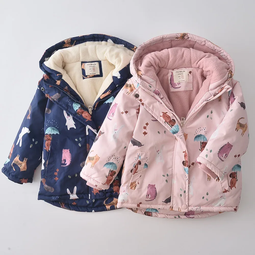 Girls' Cartoon-Print Fleece-Lined Coat — Both colourways, pair on hangers
